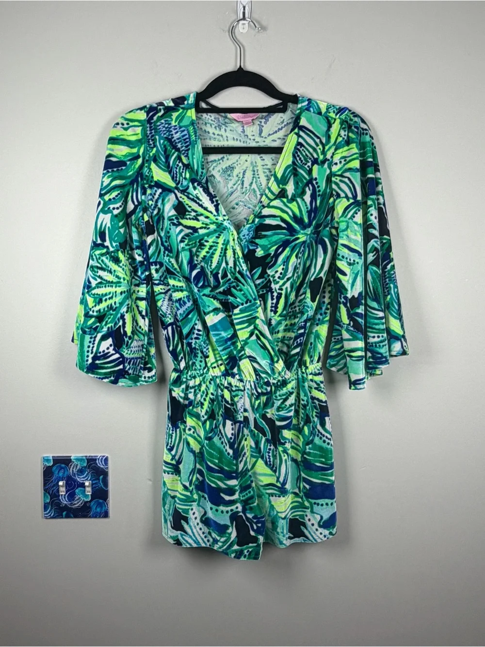 Lilly Pulitzer Viviana Romper Green Navy Blue Armadilly Tropical Velour XXS